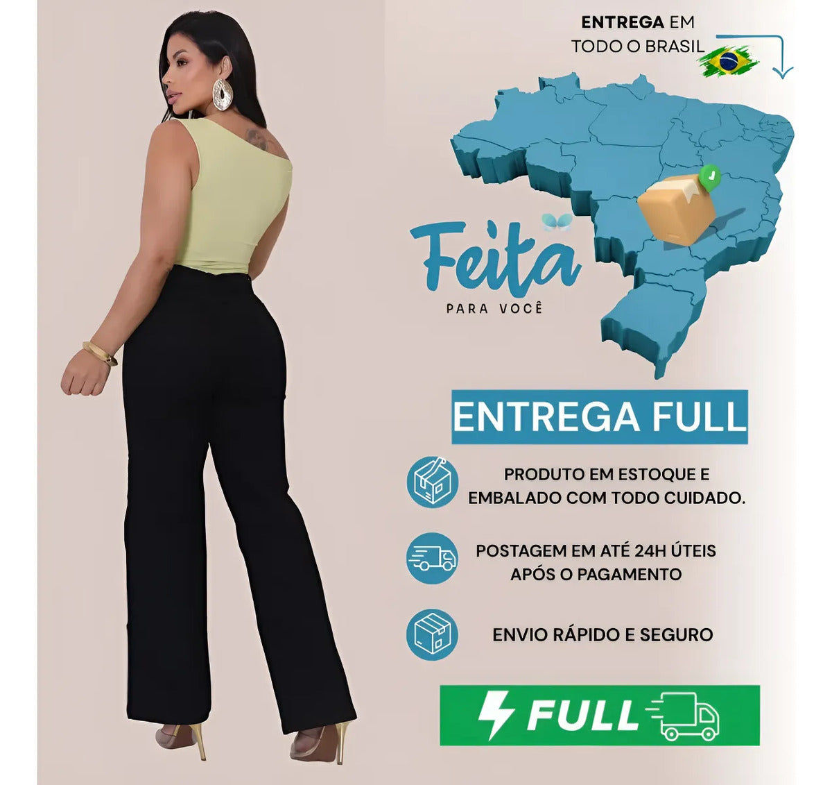 Calça Jeans Feminina Wide Leg Pantalona Cintura Alta Inverno