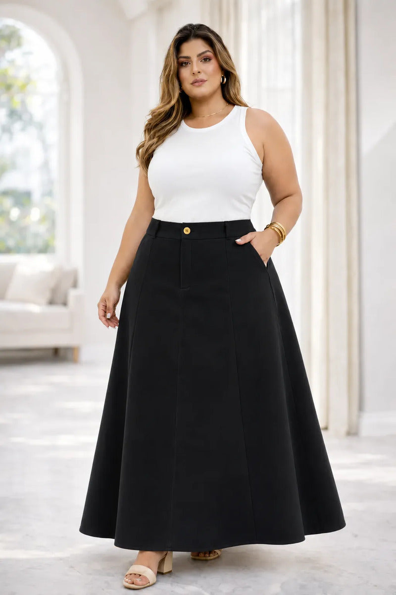 Saia Alfaiataria Plus Size Rodada Evasê Cós Alto Evangélica