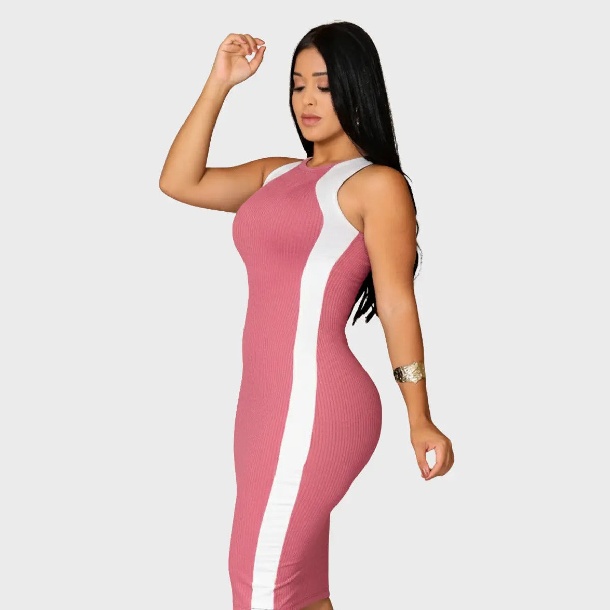 Vestido Canelado Midi Faixas Regata Casual Básico Modelador