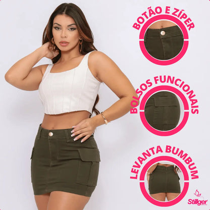 Saia Cargo Feminina Cintura Alta Com Lycra Levanta Bumbum