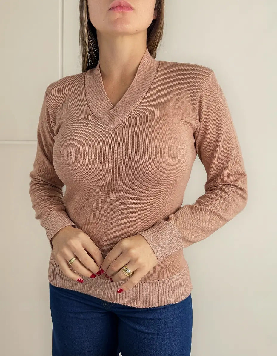 Blusa Trico Basica De Frio Feminina Decote V Manga Longa