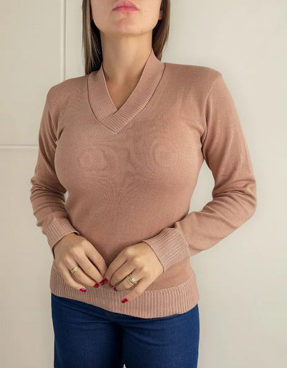 Blusa Trico Basica De Frio Feminina Decote V Manga Longa