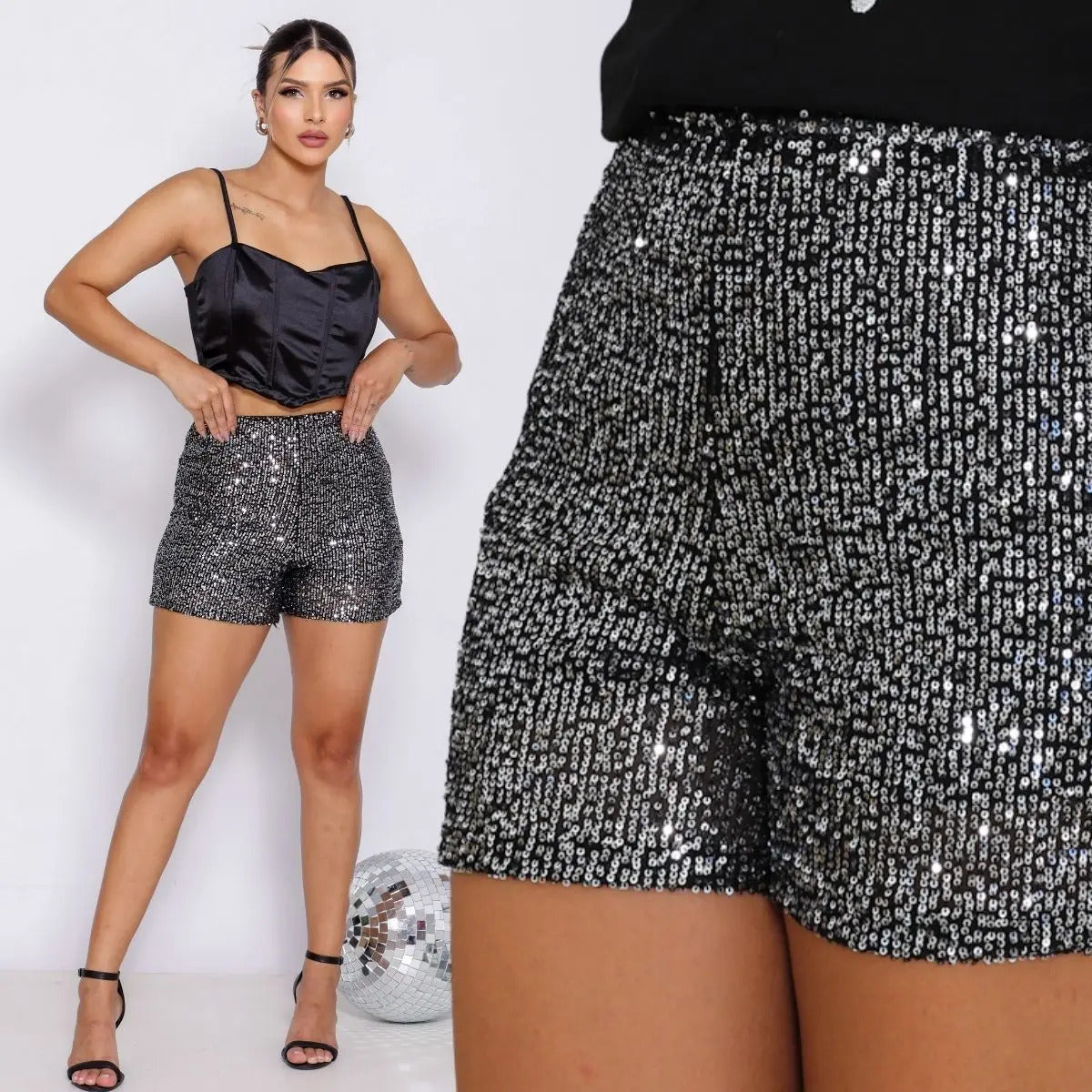 Short Bermuda Feminino Cintura Alta Paetê Balada Moda Brilho