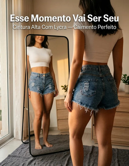 Short Jeans Feminino Cintura Alta Com Lycra Barra Desfiada
