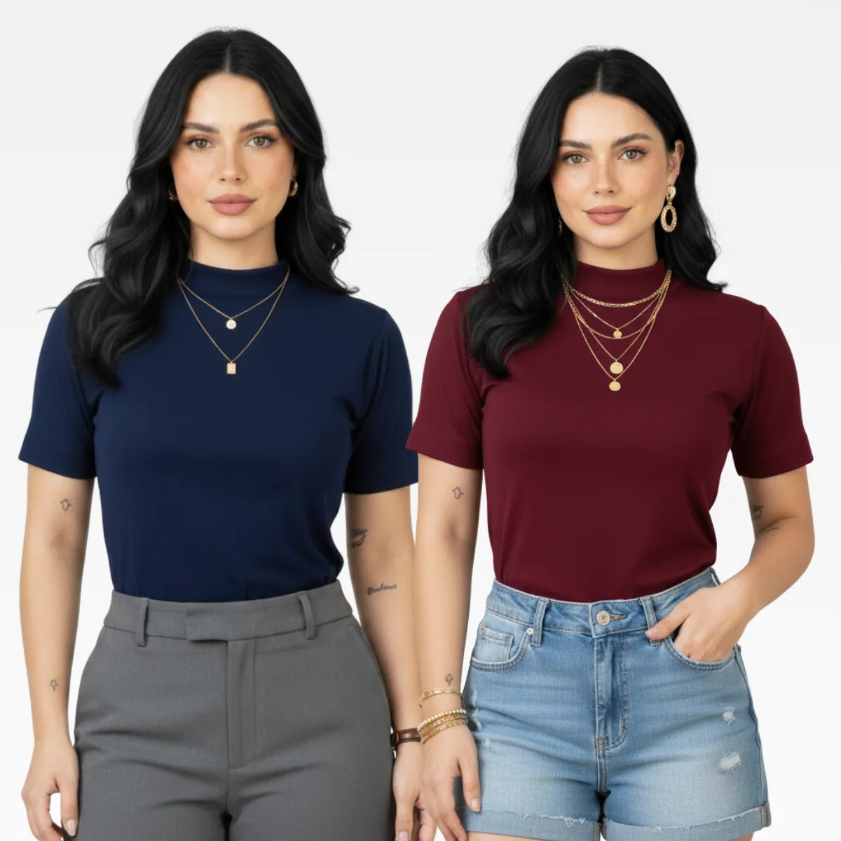 Kit 2 Blusas Camiseta Feminina T Shirt Gola Alta Inverno