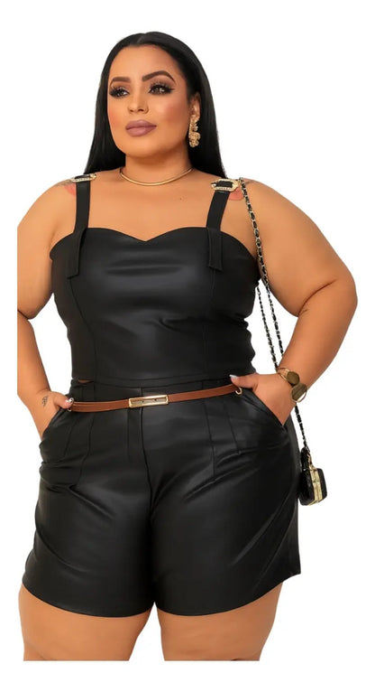 Short Couro Fake Feminino Plus Size Cintura Alta Festa Luxo