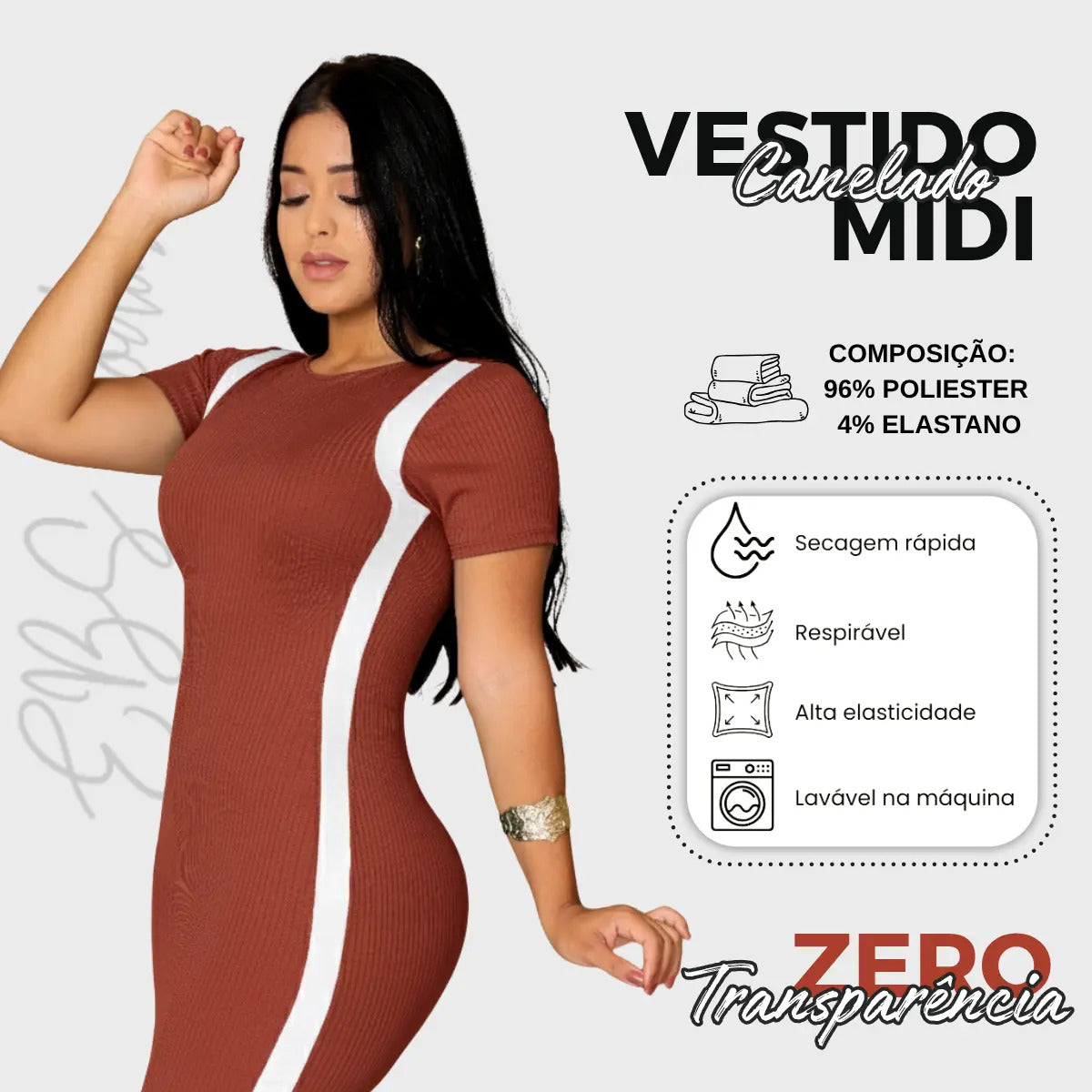 Vestido Canelado Curto Com Manga Casual Básico Modelador