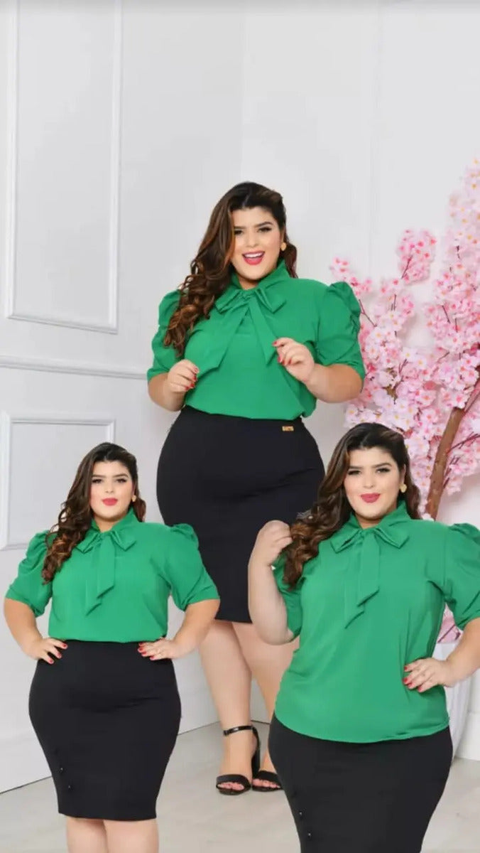 Blusa Feminina Gizele Gola Laço Crepre Seda Manga Franzida