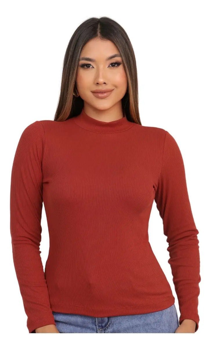 Blusa Feminina Canelada Gola Alta Manga Comprida Cacharrel