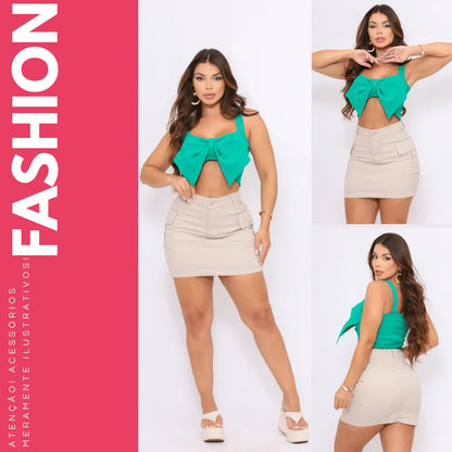 Saia Jeans Cargo Feminina Cintura Alta Com Lycra Stillger