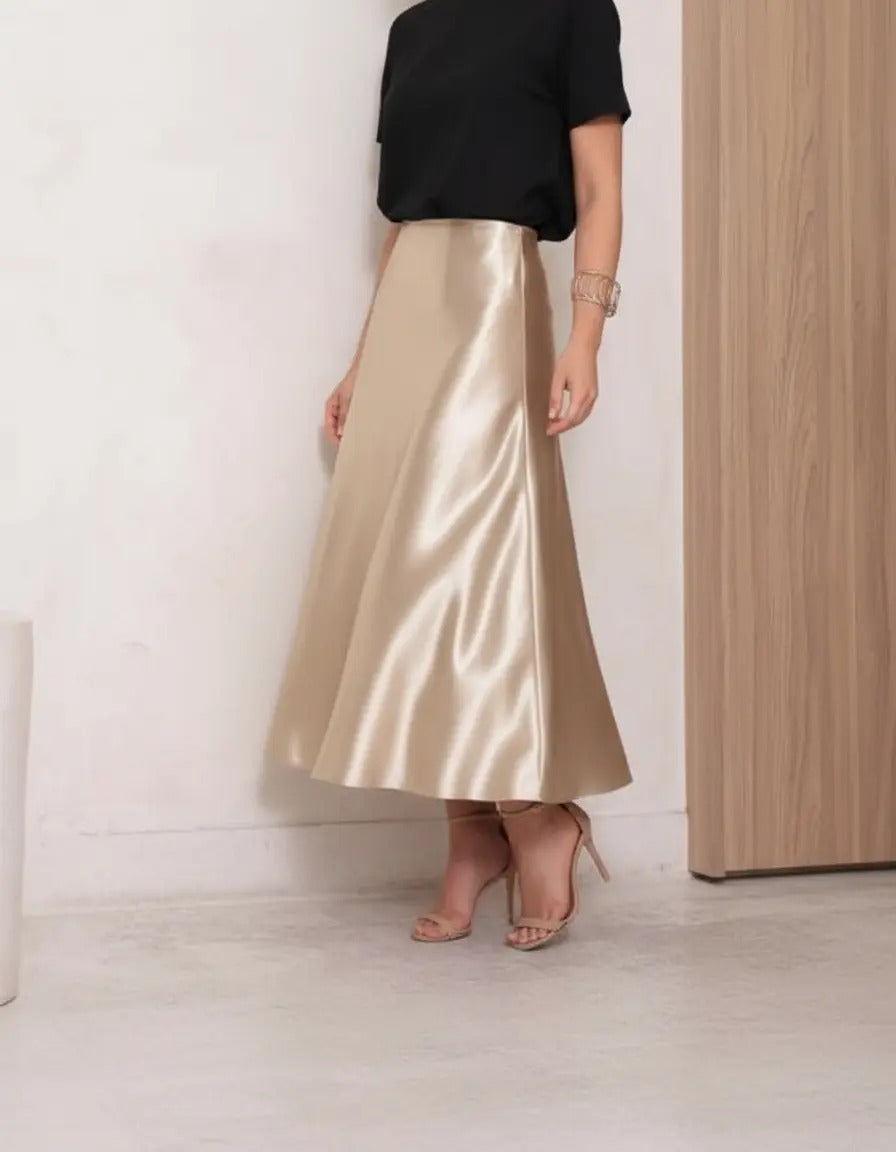 Saia Cetim Feminina Midi Brilho Moda Elegante Full