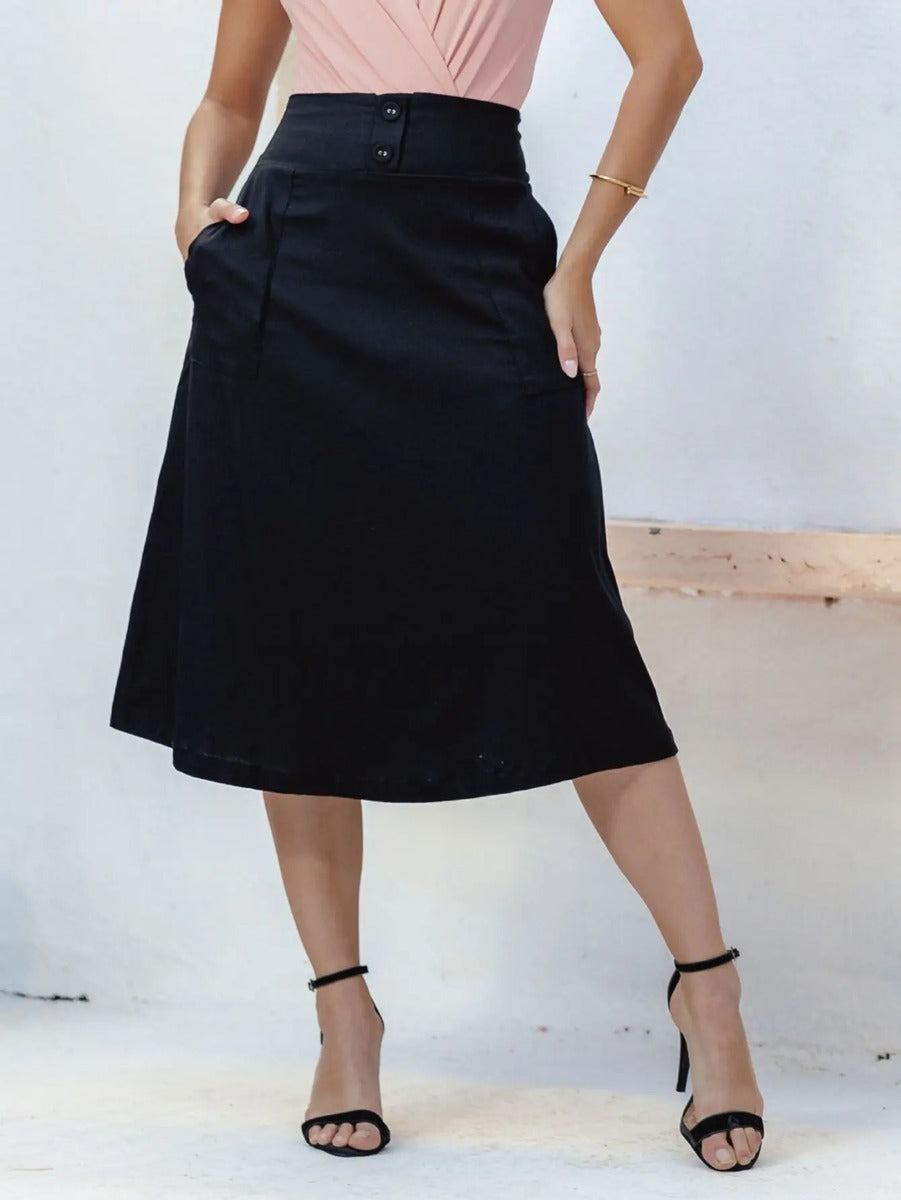 Saia Midi De Linho Elegante Com Botões Encapados