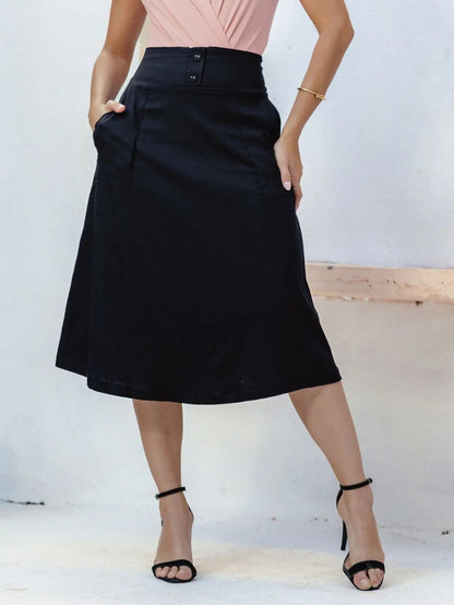 Saia Midi De Linho Elegante Com Botões Encapados