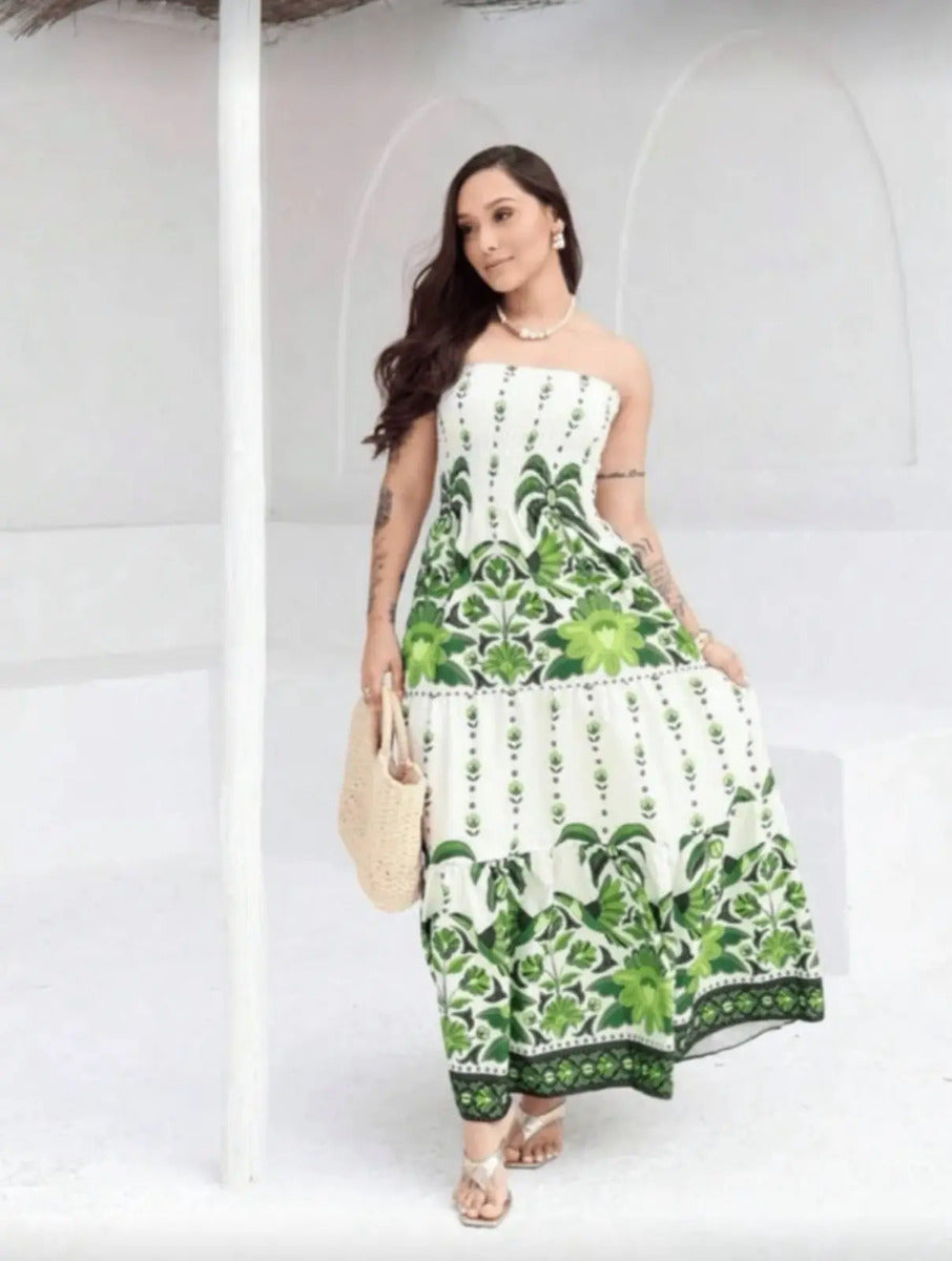 Lightweight Elastic Floral Strapless Long Dress Summer Fashion