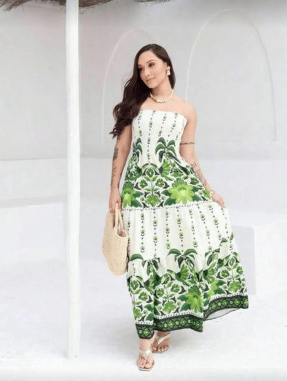 Lightweight Elastic Floral Strapless Long Dress Summer Fashion