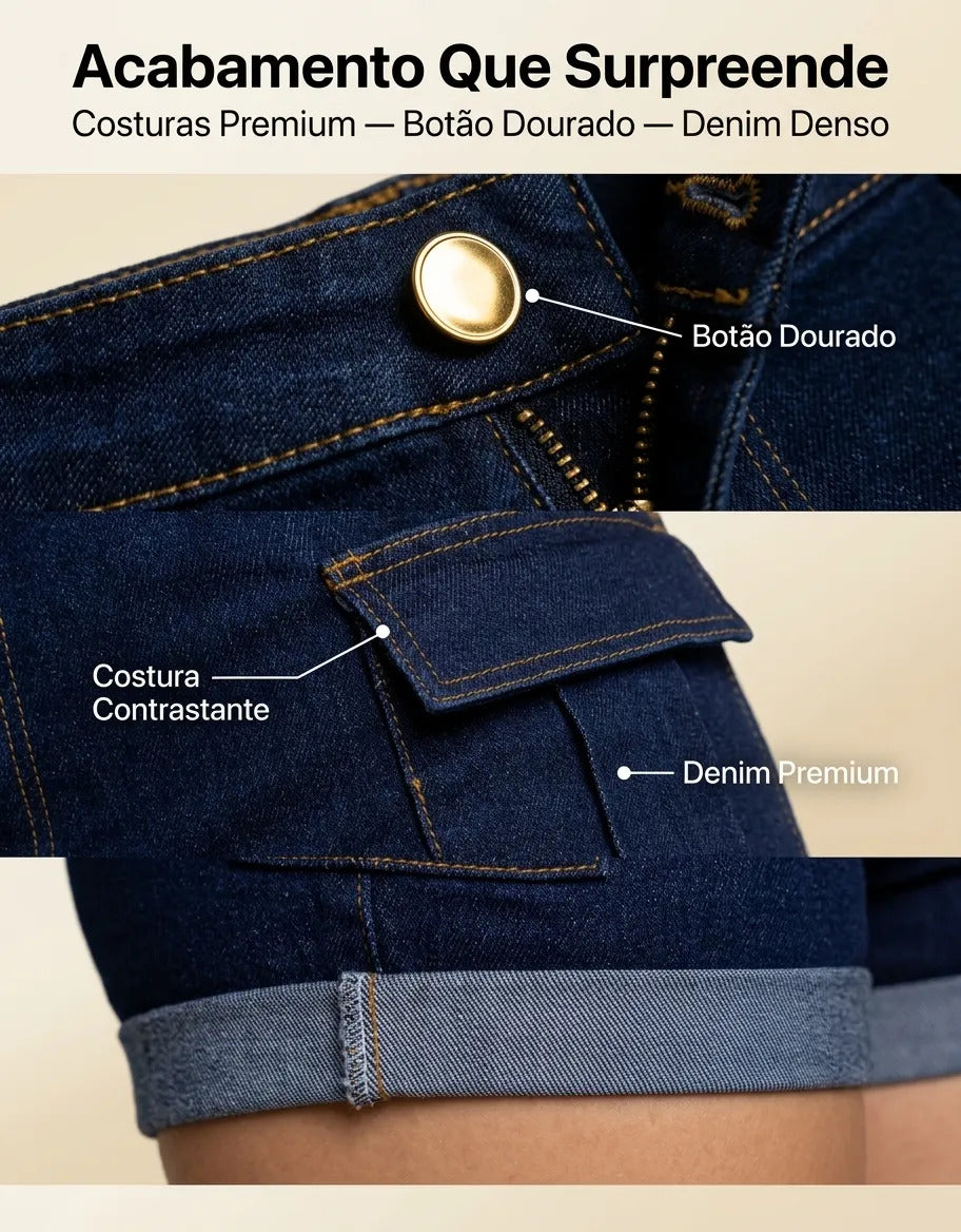 Short Jeans Feminino Shorts Cargo Com Lycra Cintura Alta