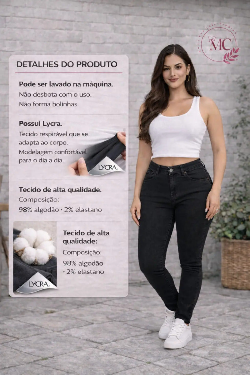 Calça Feminina Jeans Cintura Alta Skinny Levanta Bumbum
