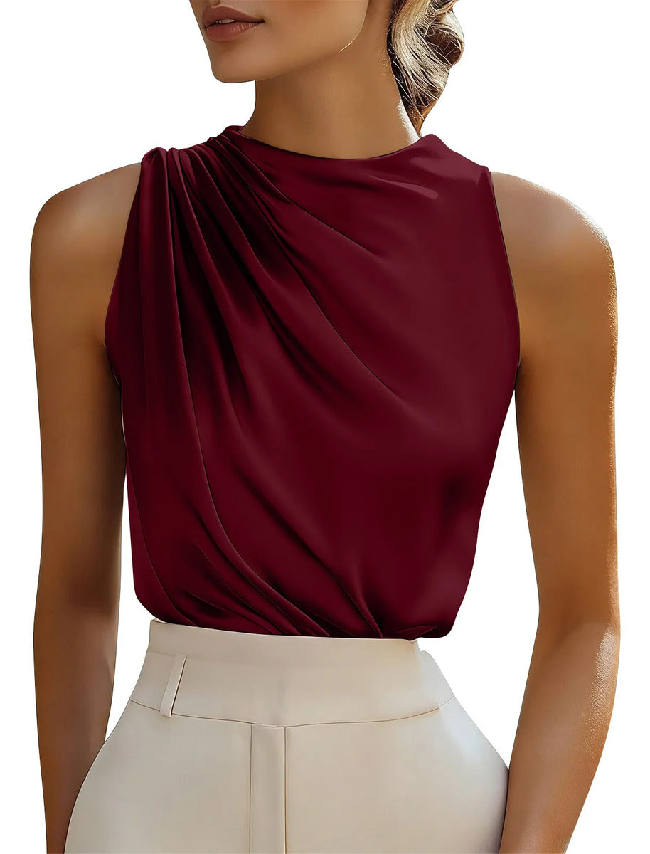 Camisa Feminina, Cor Sólida, Seda E Cetim, Blusa Longa
