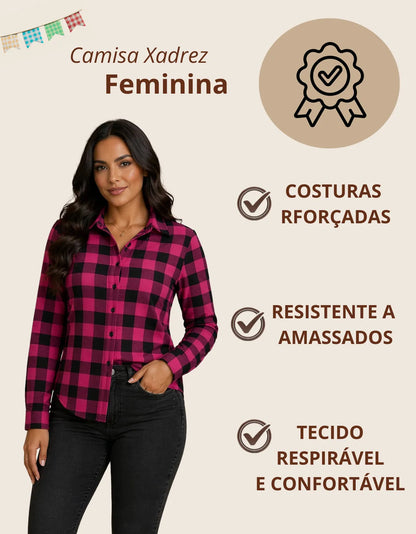 Camisa Xadrez Longa Blusa Manga Festa Junina Social De Botão