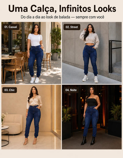 Calça Cargo Jogger Jeans Feminina Cintura Alta Com Lycra