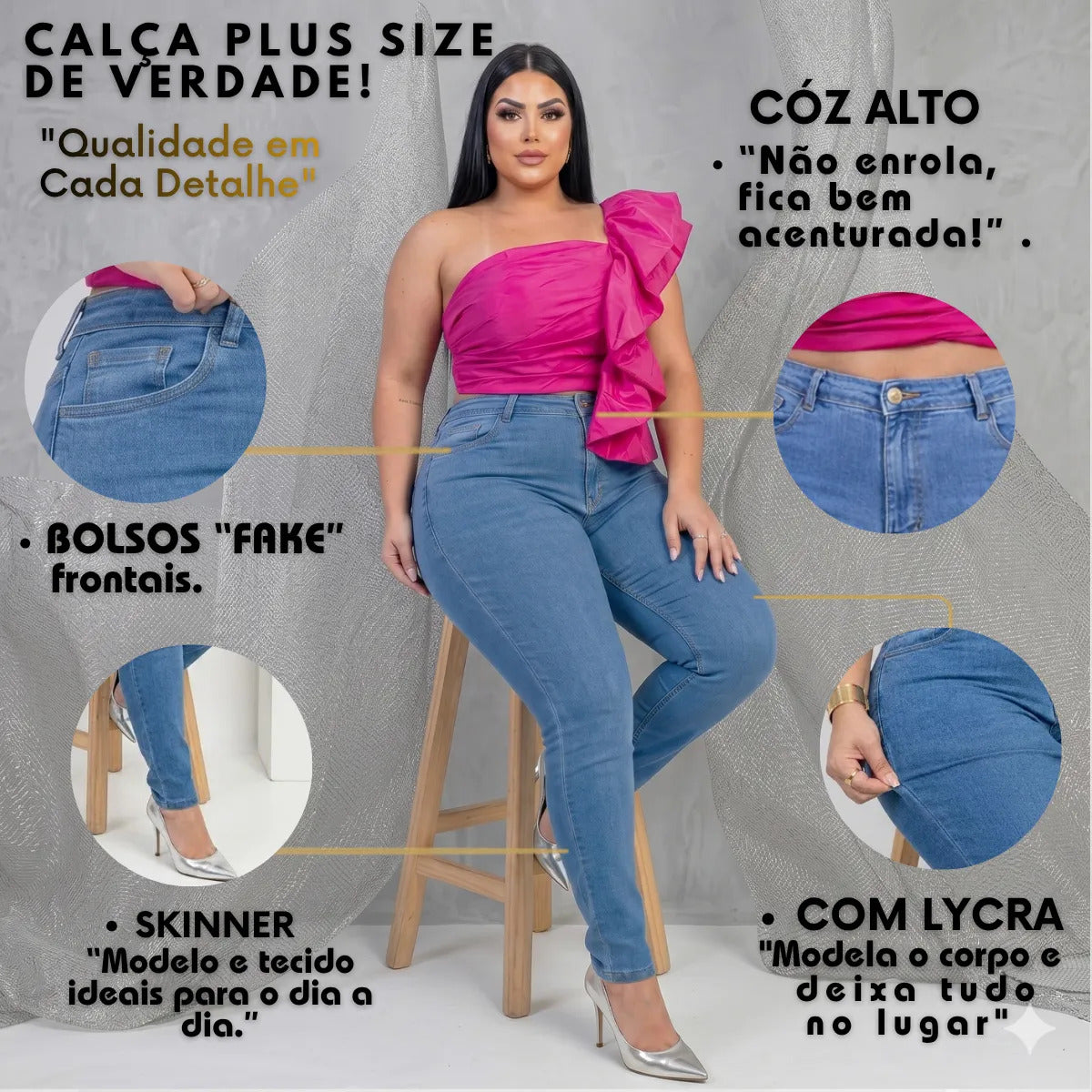 Calça Jeans Plus Size Cintura Alta Elastano Lycra Modeladora