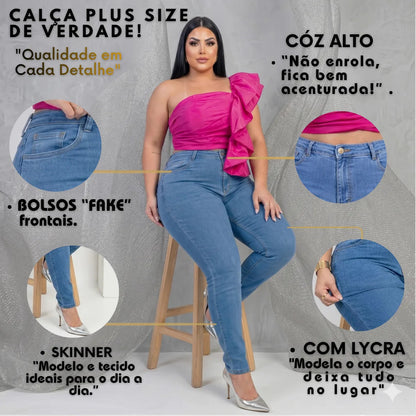 Calça Jeans Plus Size Cintura Alta Elastano Lycra Modeladora