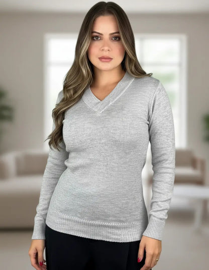 Blusa Trico Basica De Frio Feminina Decote V Manga Longa