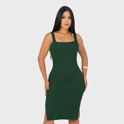 Vestido Midi Canelado Premium Com Alça E Fendas Casual Básico