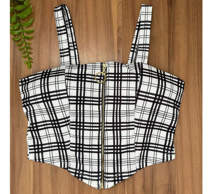 Cropped Zipper Corset Xadrez Balada Country Luxo Premium