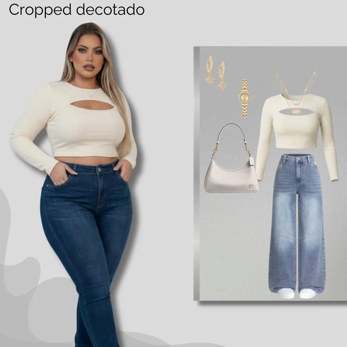 Cropped Feminino Plus Size Manga Longa Com Decote