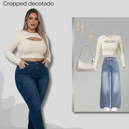 Cropped Feminino Plus Size Manga Longa Com Decote