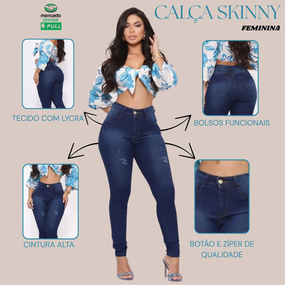 Calça Preta Jeans Feminina Com Elastano Cintura Alta Skinny