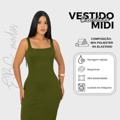 Vestido Midi Canelado Premium Com Alça E Fendas Casual Básico