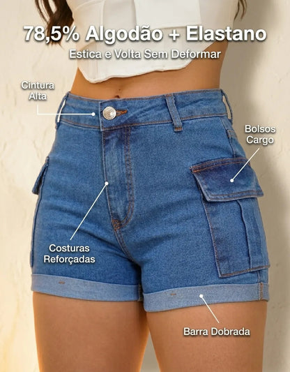 Short Jeans Feminino Shorts Cargo Com Lycra Cintura Alta