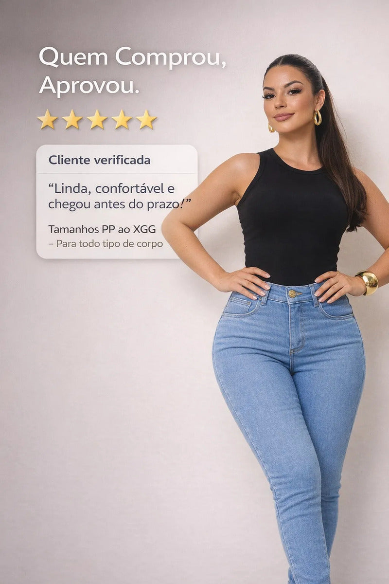 Calça Jeans Feminina Preta Skiny Cintura Alta Levanta Bumbum