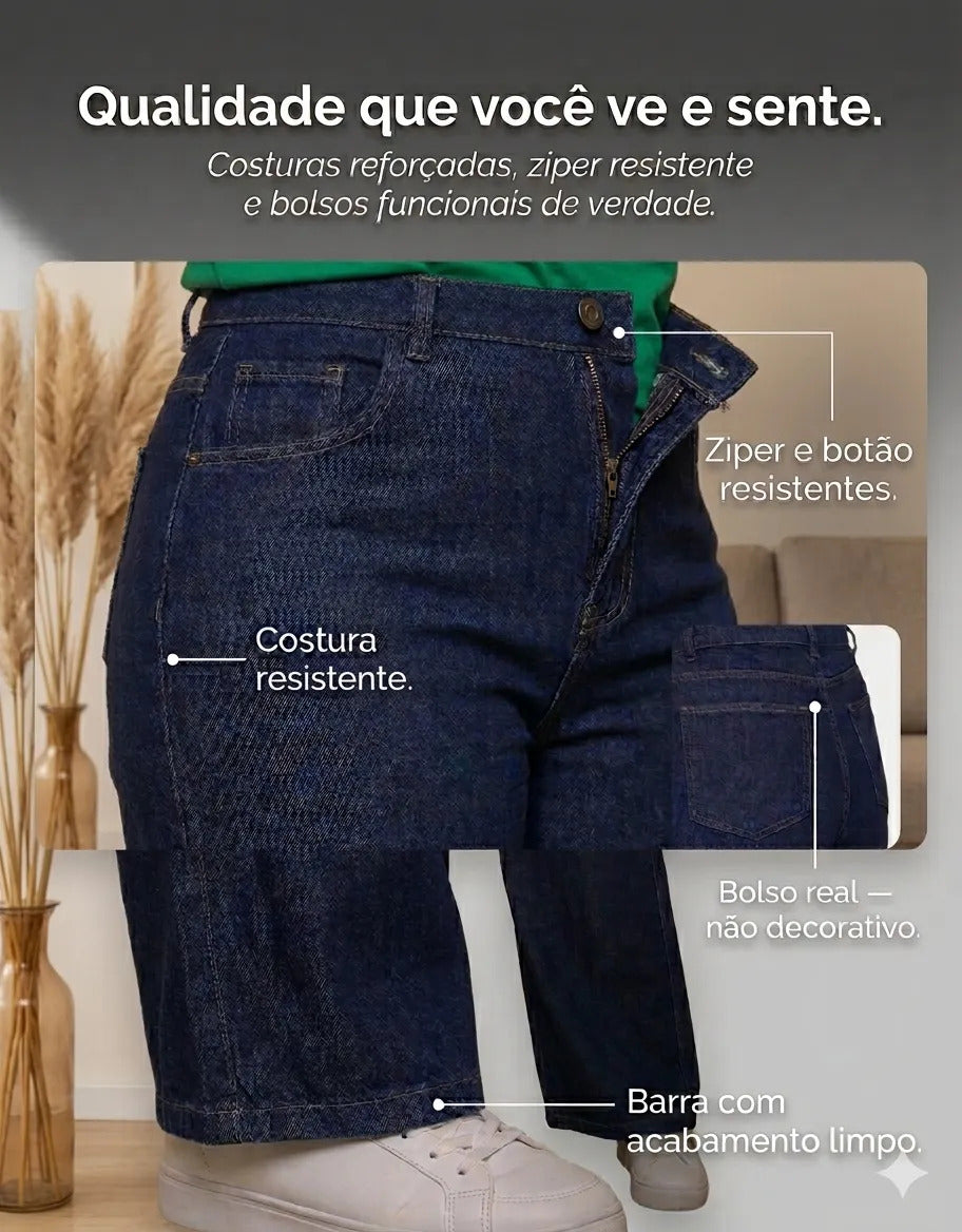 Calça Plus Size Jeans Feminina Wide Leg Levanta Bumbum