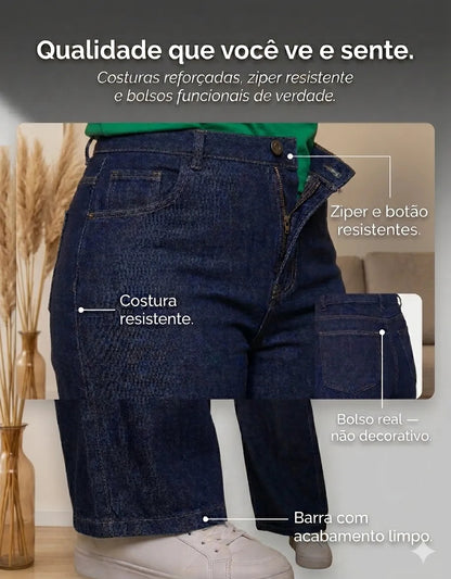 Calça Plus Size Jeans Feminina Wide Leg Levanta Bumbum