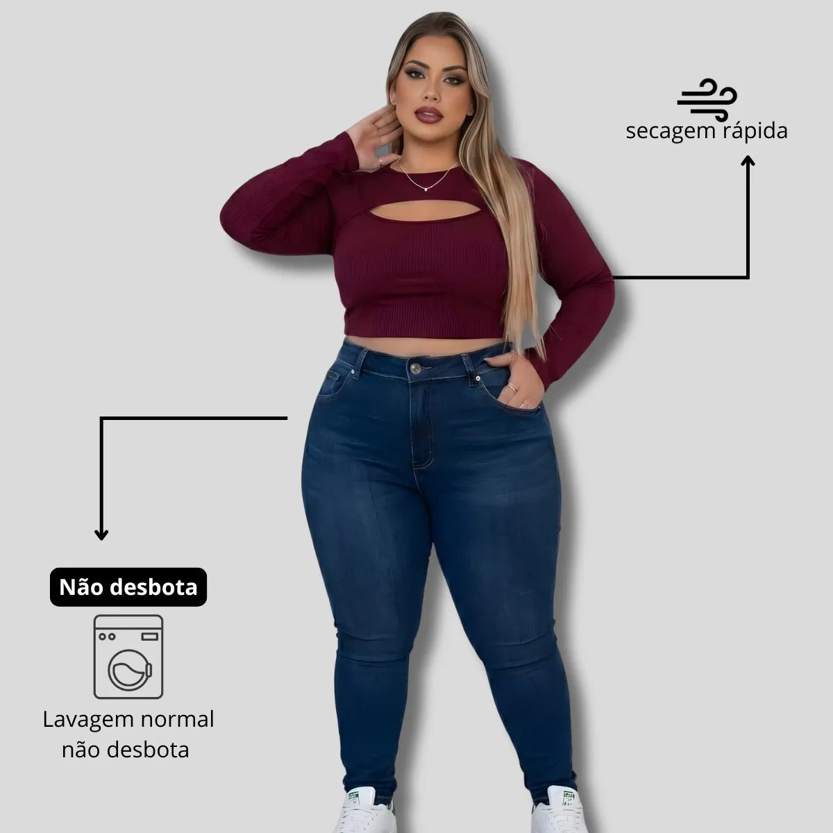 Cropped Feminino Plus Size Manga Longa Com Decote