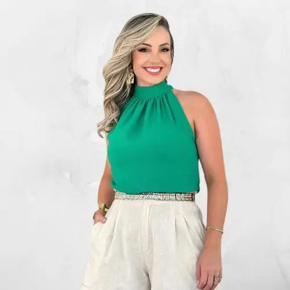 Blusa Feminina Regata Gola Alta Plissada Elegante