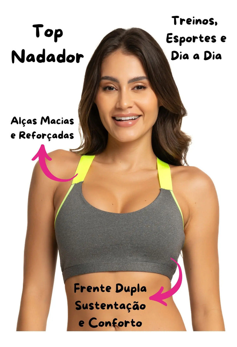 Kit 3 Top Fitness Neon Fashion Academia Nadador Frente Dupla