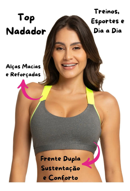 Kit 3 Top Fitness Neon Fashion Academia Nadador Frente Dupla