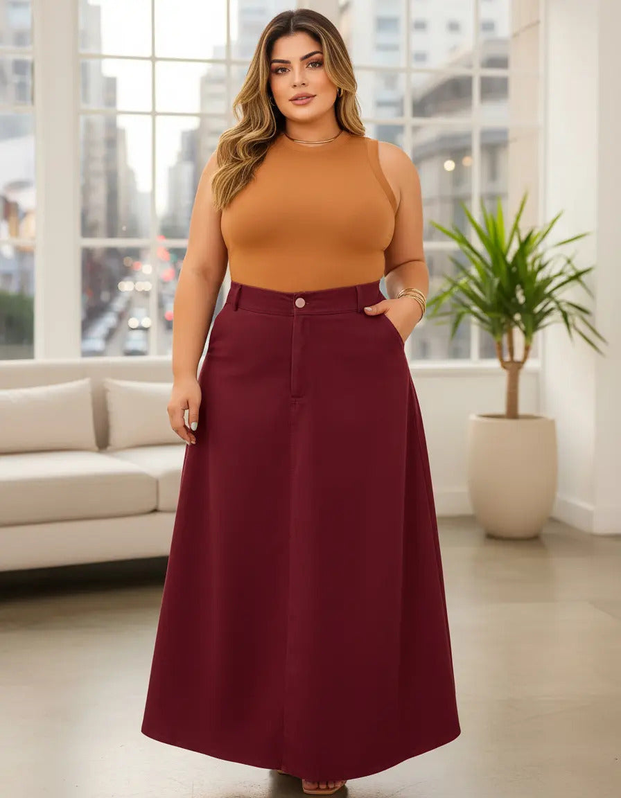 Saia Alfaiataria Plus Size Rodada Evasê Cós Alto Evangélica
