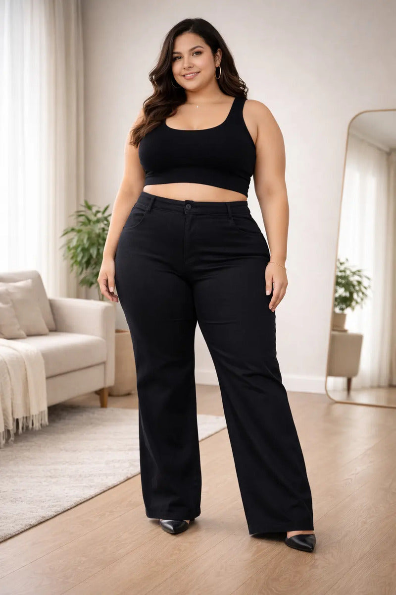 Calça Plus Size Jeans Feminina Wide Leg Levanta Bumbum