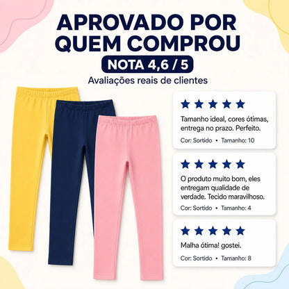 Kit 3 Calça Legging Menina Infantil Algodão Lisa Sortida