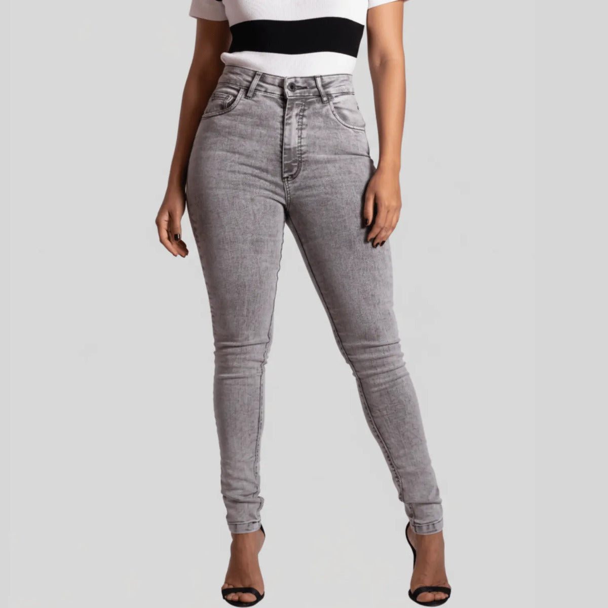 Calça Skinny Jeans Feminina Cintura Alta Marmorizada Lycra