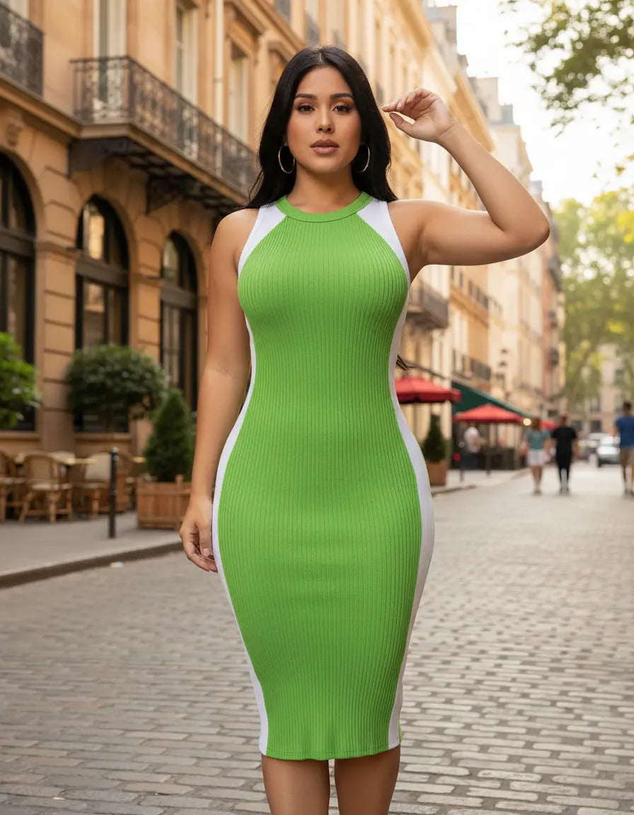 Vestido Canelado Midi Faixas Regata Casual Básico Modelador