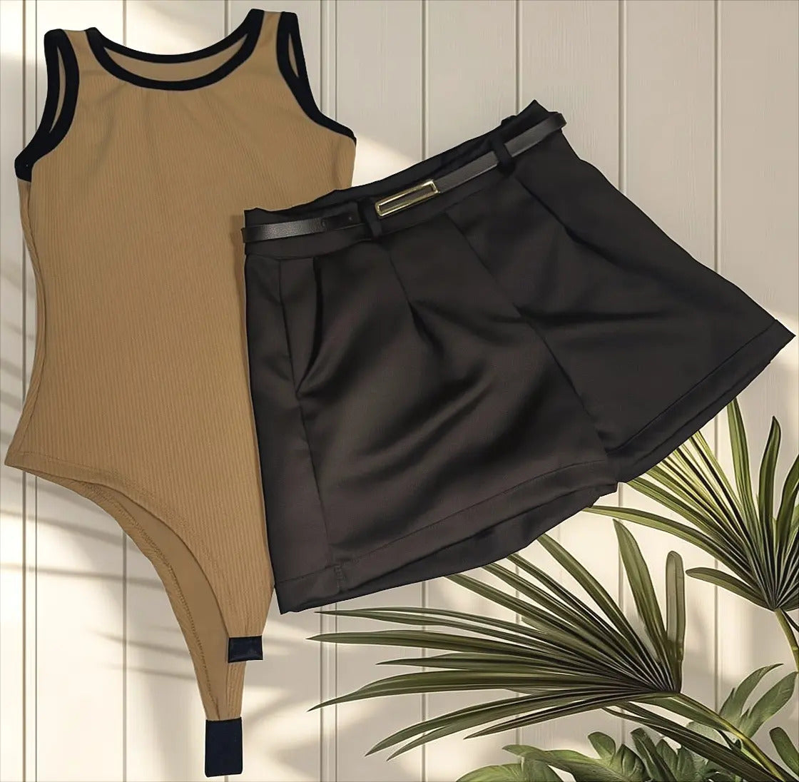Kit Short Alfaiataria Body Canelado Feminino Liso