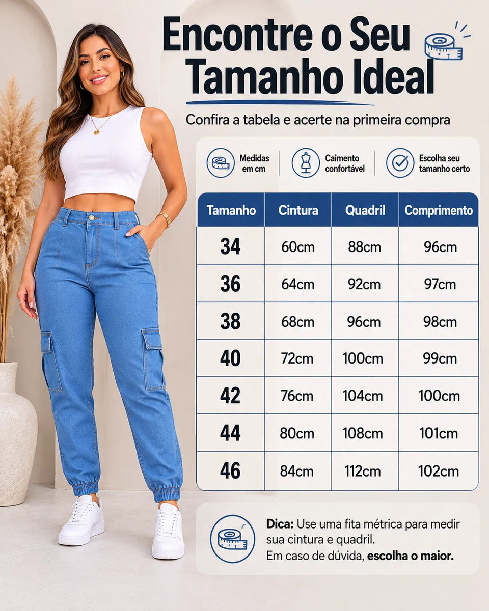 Calça Cargo Jogger Jeans Feminina Cintura Alta Com Lycra