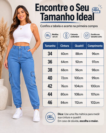 Calça Cargo Jogger Jeans Feminina Cintura Alta Com Lycra