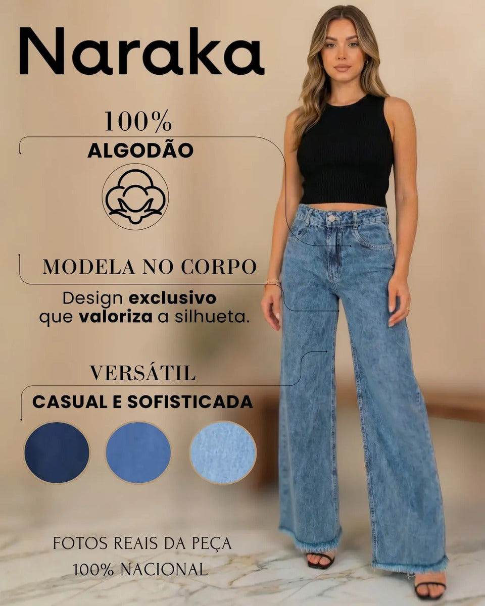Calça Wide Leg Jeans Feminina Cintura Alta Levanta Bumbum